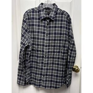 Banana Republic Button Up Plaid Shirt Slim 100% Cotton Black Gray Plaid Men's L